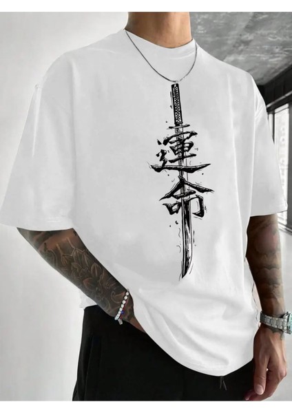 Unisex Kılıç Baskılı Oversize T-Shirt