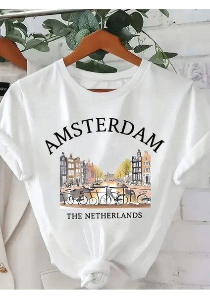 Unisex Amsterdam Baskılı Baskılı Kısa Kol %100 Pamuk T-Shirt