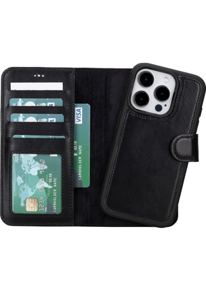 Mulvxurg URG02 Apple Iphone 15 Pro Uyumlu Deri Cüzdanlı Kılıf Mwwn Rst1 Siyah (Mulvix)