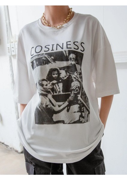Büyük Beden Cosiness Baskılı Gri Oversize T-Shirt