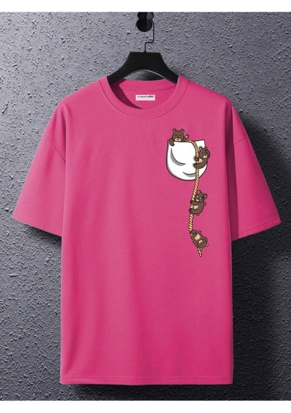 Cep Ayıcık Baskılı Oversize Unisex Pamuk T-Shirt fiyatları