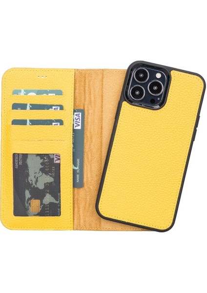 Mulvxurg URG02 Apple Iphone 13 Pro Max Uyumlu Deri Cüzdanlı Kılıf FL12 Sarı (Mulvix)