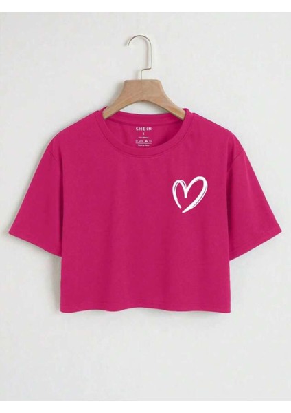 Unisex Kalp Baskılı Oversize Crop T-Shirt