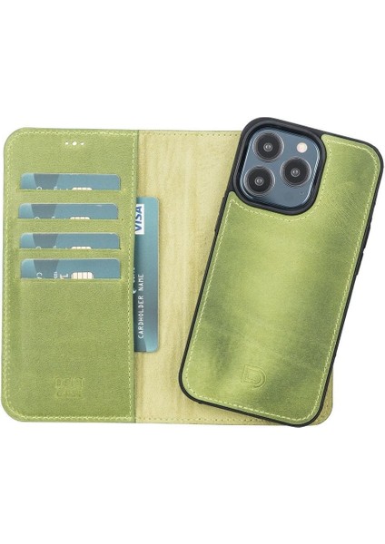 Mulvxurg URG02 Apple Iphone 13 Pro Uyumlu Deri Cüzdanlı Kılıf Antik Yeşil (Mulvix)
