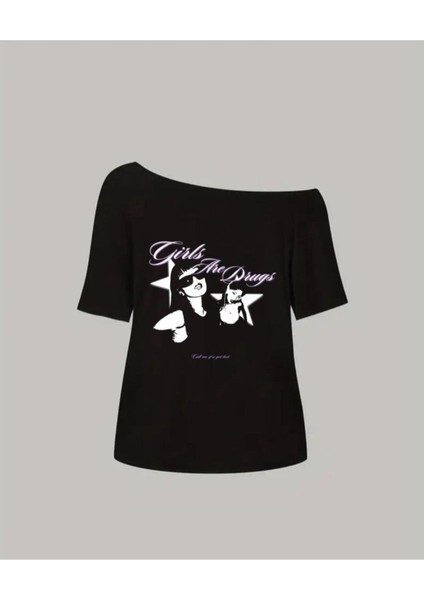 Kadın Kayık Yaka Girls Are Drugs Baskılı Oversize %100 Pamuk T-Shirt