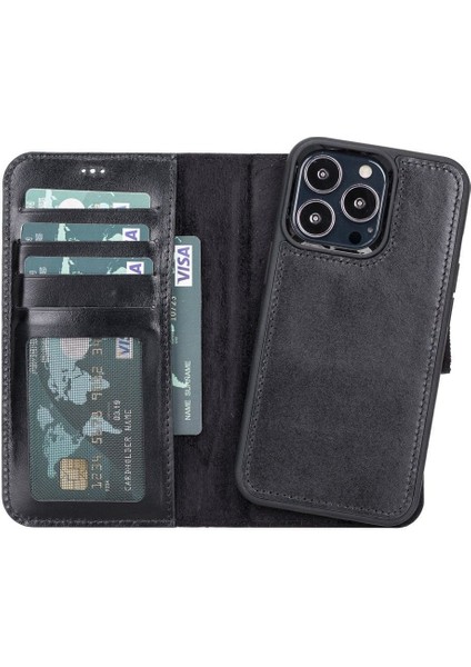 Mulvxurg URG02 Apple Iphone 13 Pro Uyumlu Deri Cüzdanlı Kılıf Rst1 Siyah (Mulvix)