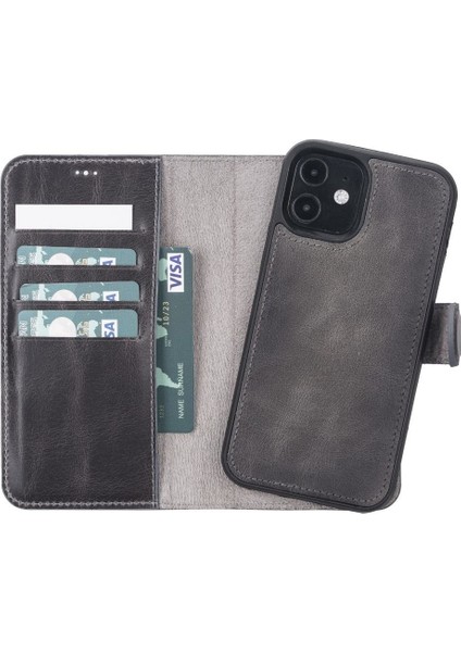 Mulvxurg URG02 Apple Iphone 12 Pro Uyumlu Deri Cüzdanlı Kılıf VS4EF Gri (Mulvix)