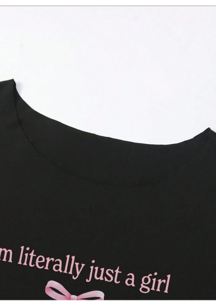 Büyük Beden Kayık Yaka Just A Girl Baskılı Oversize %100 Pamuk T-Shirt modelleri
