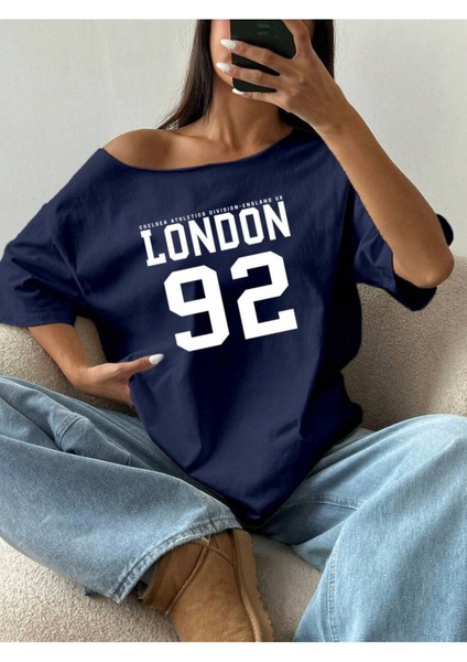 Büyük Beden Kayık Yaka London Baskılı Oversize %100 Pamuk T-Shirt