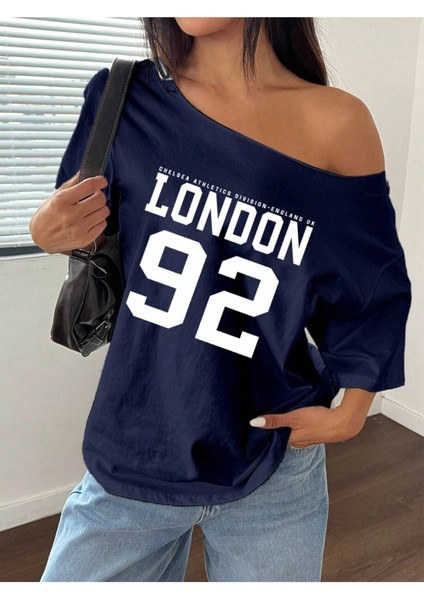 Büyük Beden Kayık Yaka London Baskılı Oversize %100 Pamuk T-Shirt fiyatları