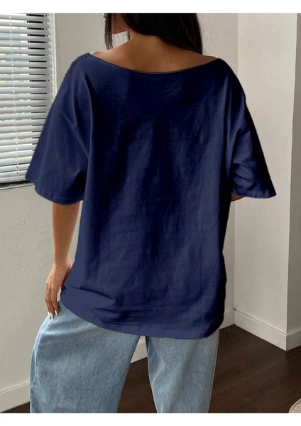 Büyük Beden Kayık Yaka London Baskılı Oversize %100 Pamuk T-Shirt modelleri