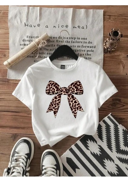 Kadın Leopar Kurdele Baskılı Crop T-Shirt