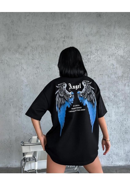 Unisex Büyük Beden Sırt Kanat Angel Baskılı Baskılı Kısa Kol %100 Pamuk T-Shirt