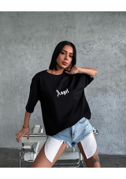 Unisex Büyük Beden Sırt Kanat Angel Baskılı Baskılı Kısa Kol %100 Pamuk T-Shirt fiyatları