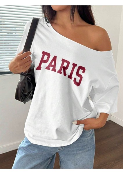 Kayık Yaka Paris Baskılı Oversize %100 Pamuk T-Shirt
