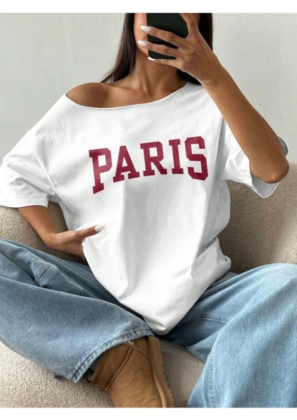 Kayık Yaka Paris Baskılı Oversize %100 Pamuk T-Shirt fiyatları