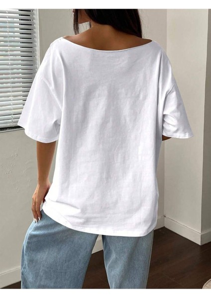 Kayık Yaka Paris Baskılı Oversize %100 Pamuk T-Shirt modelleri