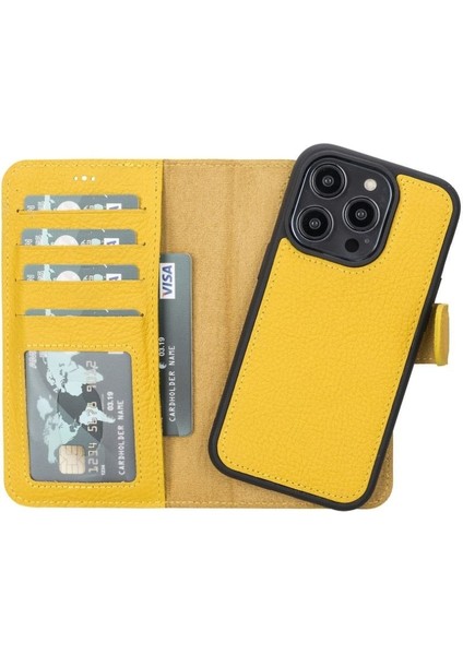 Mulvxurg URG02 Apple Iphone 14 Pro Uyumlu Deri Cüzdanlı Kılıf Mwwn FL12 Sarı (Mulvix)