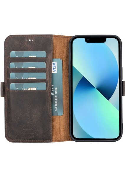Mulvxurg URG02 Apple Iphone 13 Uyumlu Deri Cüzdanlı Kılıf Acı Kahve (Mulvix)