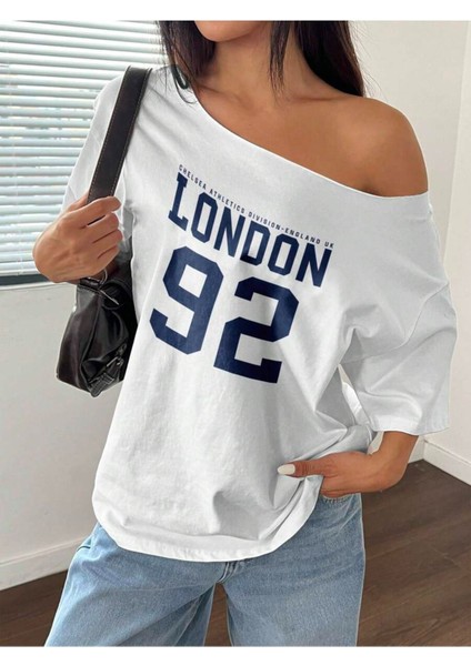 Büyük Beden Kayık Yaka London Baskılı Oversize %100 Pamuk T-Shirt fiyatları