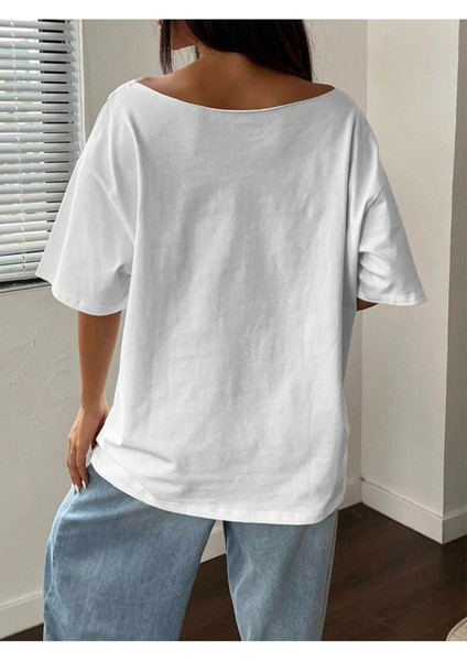 Büyük Beden Kayık Yaka London Baskılı Oversize %100 Pamuk T-Shirt modelleri