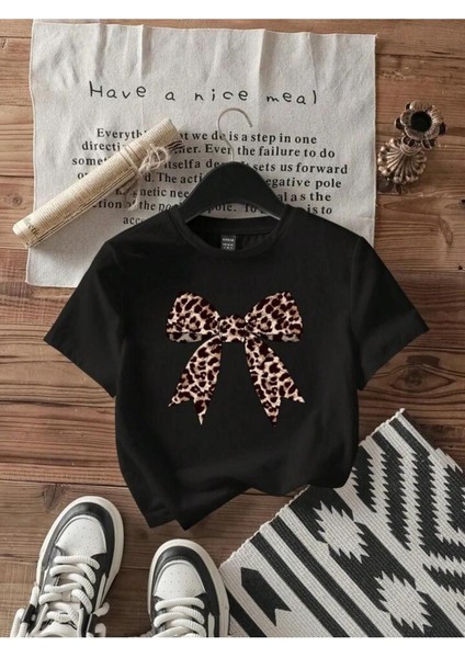 Kadın Leopar Kurdele Baskılı Crop T-Shirt