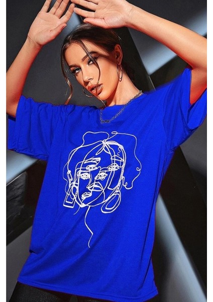 Kadın Sax Mavi Yüz Baskı Detaylı Oversize T-Shirt