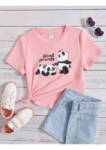 Kids Good Friends Panda Baskılı Oversize Kız Çocuk T-Shirt