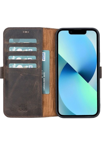 Mulvxurg URG02 Apple Iphone 13 Pro Max Uyumlu Deri Cüzdanlı Kılıf Acı Kahve (Mulvix)