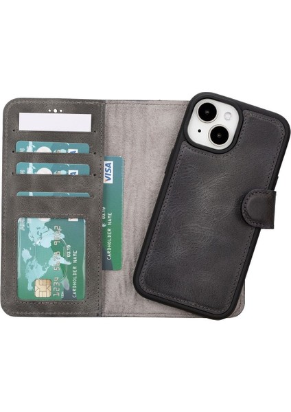 Mulvxurg URG02 Apple Iphone 15 Uyumlu Deri Cüzdanlı Kılıf Mwwn VS4EF Gri (Mulvix)