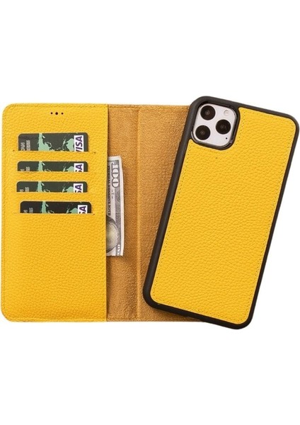 Mulvxurg URG02 Apple Iphone 11 Pro Max Uyumlu Deri Cüzdanlı Kılıf FL12 Sarı (Mulvix)