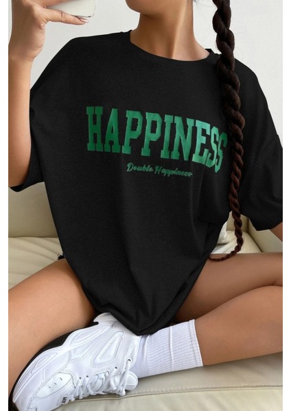 Kadın Oversize Hapiness Baskılı Siyah T-Shirt