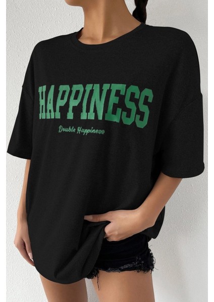 Kadın Oversize Hapiness Baskılı Siyah T-Shirt fiyatları
