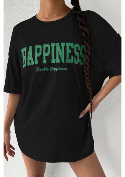 Kadın Oversize Hapiness Baskılı Siyah T-Shirt modelleri