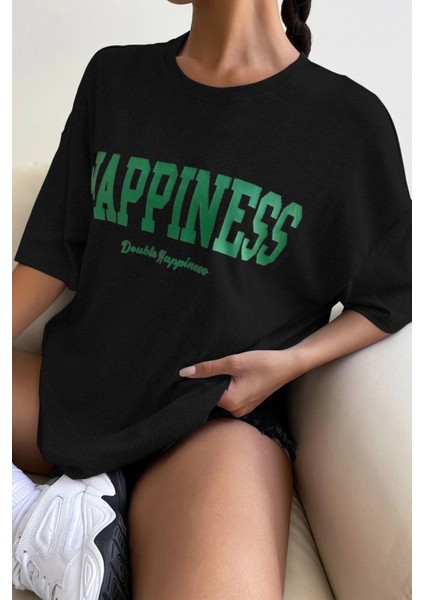 Kadın Oversize Hapiness Baskılı Siyah T-Shirt fırsatları
