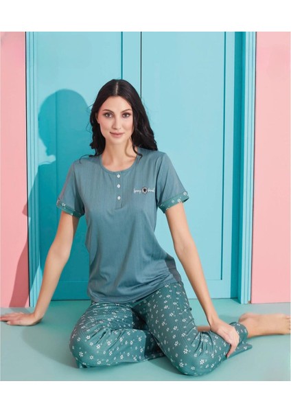 Kadın Viskoz Likralı Düğme Yaka Kaşkorse Patlı Kısa Kol Pijama Takımı 5520-4 / 1 Adet