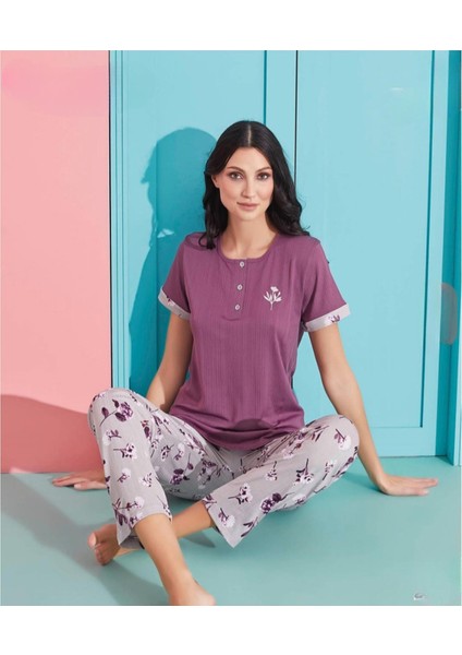 Kadın Viskoz Likralı Düğme Yaka Kaşkorse Patlı Kısa Kol Pijama Takımı 5520-5 / 1 Adet