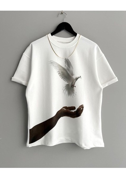 Güvercin Baskılı Oversize Bisiklet Yaka Pamuklu T-Shirt