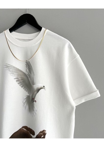 Güvercin Baskılı Oversize Bisiklet Yaka Pamuklu T-Shirt fiyatları