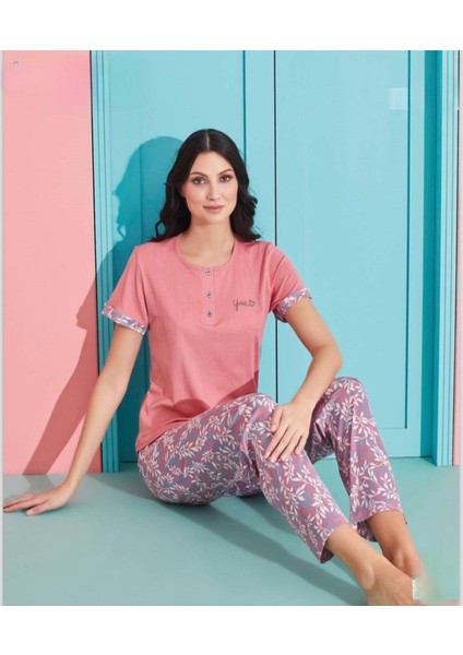 Kadın Viskoz Likralı Düğme Yaka Kaşkorse Patlı Kısa Kol Pijama Takımı 5520-2 / 1 Adet