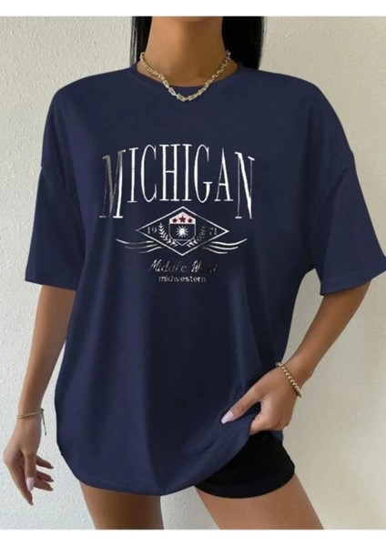 Büyük Beden Kadın Indigo Michigan Baskılı T-Shirt