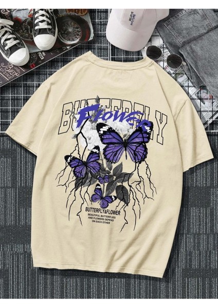 Flower & Butterfly Çiçek & Kelebek Baskılı Oversize T-Shirt