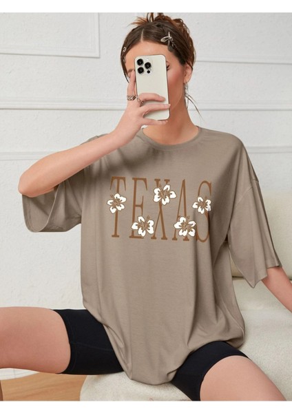 Açık Kahve Texas Baskılı Oversize T-Shirt
