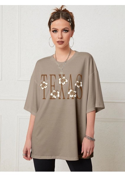 Açık Kahve Texas Baskılı Oversize T-Shirt modelleri