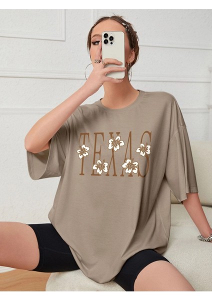Açık Kahve Texas Baskılı Oversize T-Shirt fırsatları