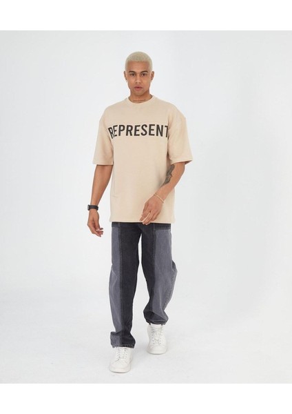 Büyük Beden Göğüs Detaylı Represent Owners' Club Baskılı Oversize Pamuk T-Shirt
