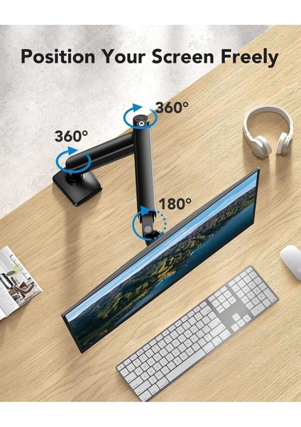 Esnek Kollu Masa Üstü Monitör Standı, 360° Dönebilen, Siyah