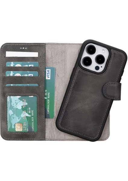 Mulvxurg URG02 Apple Iphone 15 Pro Uyumlu Deri Cüzdanlı Kılıf Mwwn VS4EF Gri (Mulvix)