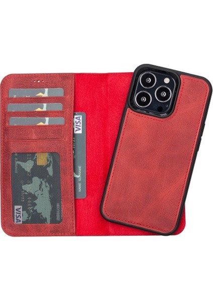 Mulvxurg URG02 Apple Iphone 13 Pro Uyumlu Deri Cüzdanlı Kılıf Liluri G4 Kırmızı (Mulvix)