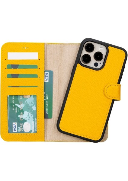 Mulvxurg URG02 Apple Iphone 15 Pro Max Uyumlu Deri Cüzdanlı Kılıf Mwwn FL12 Sarı (Mulvix)